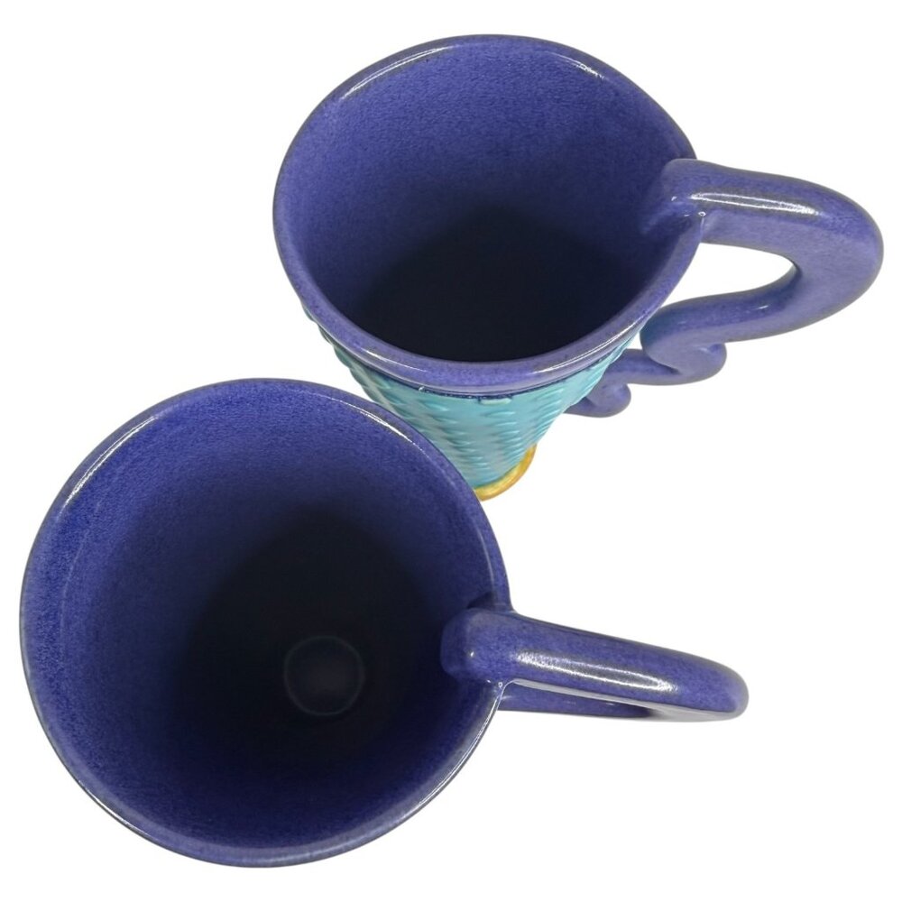 Margo West Studio Pottery Coffee Mugs Set Of 2 Art Deco Style Blue Purple - Picture 7 of 8